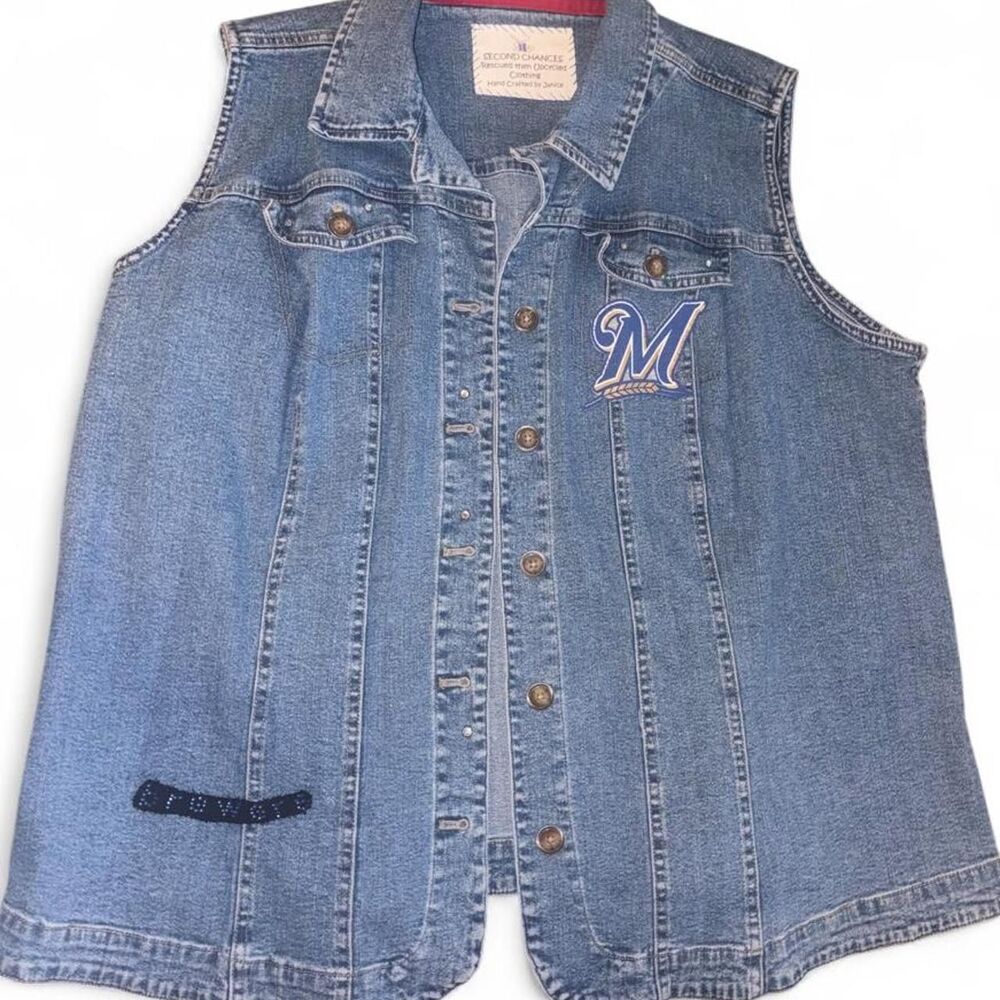 Custom Bejeweled Milwaukee Brewers Rhinestone Denim Vest XL
